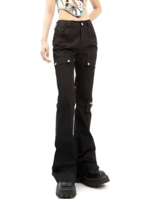 Front three-quarter view of black flared streetwear cargo pants with thigh flap pockets, metal snap buttons, and fitted upper-leg design