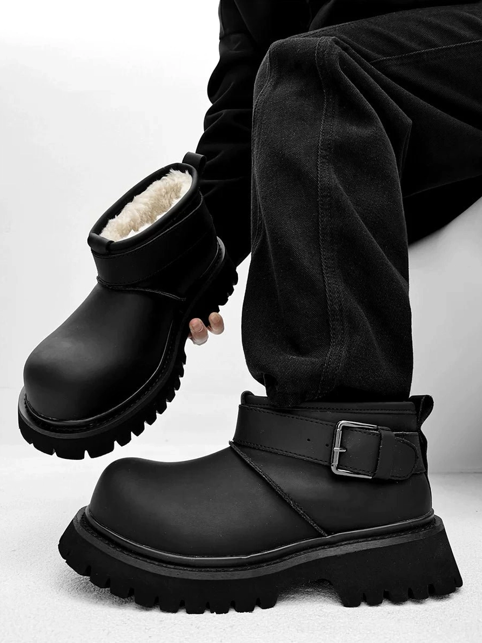 Black fleece-lined buckle boots shown on foot and as a product view with deep serrated platform tread