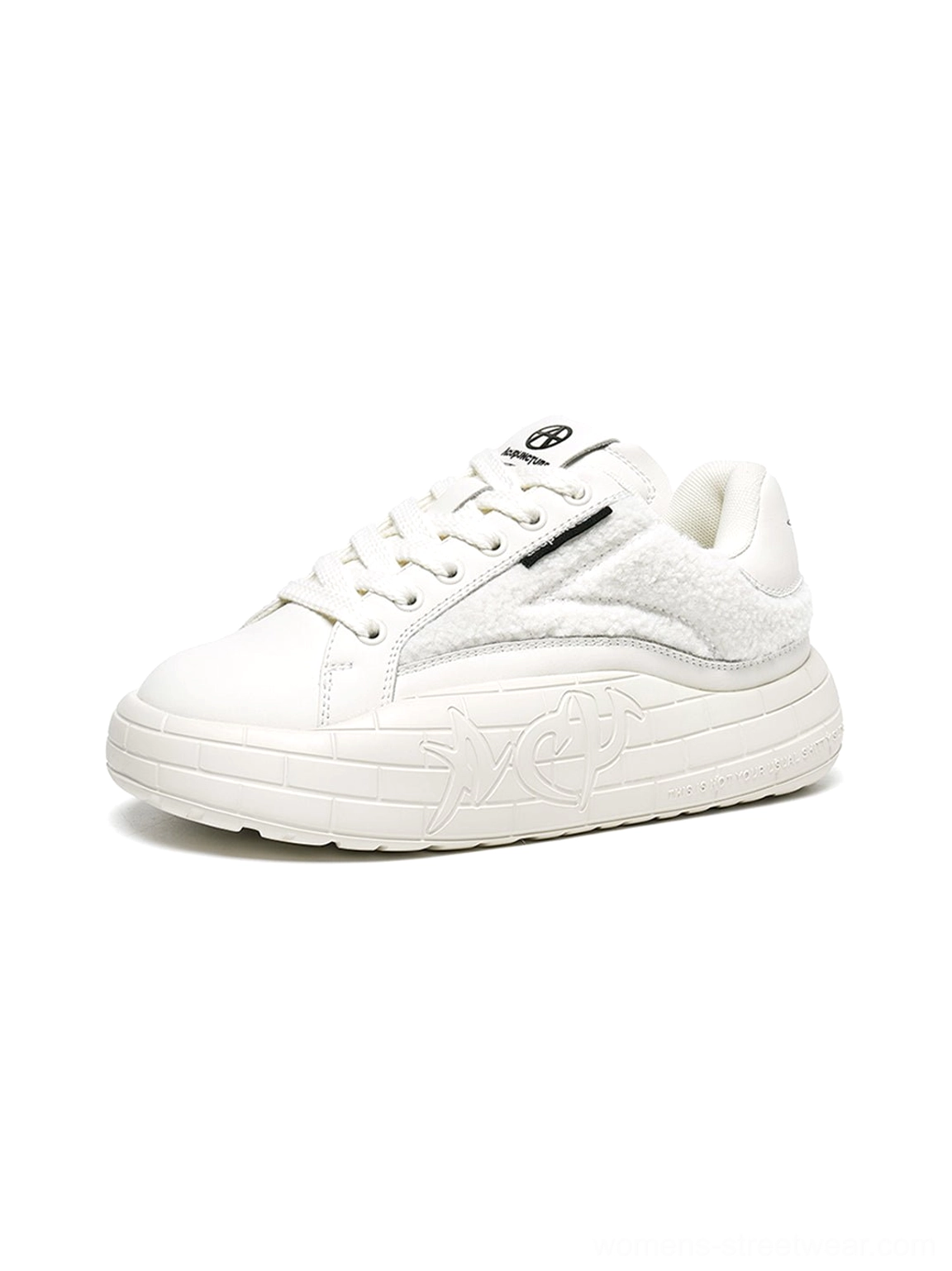 Black fleece casual sneakers combining cozy texture, tonal laces, matte finish, and bold platform soles