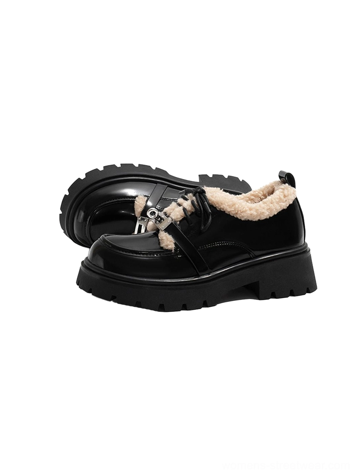 Side profile of black fleece-collar Oxford platform shoes showing heel pull tabs, lace hardware, and thick lugged soles