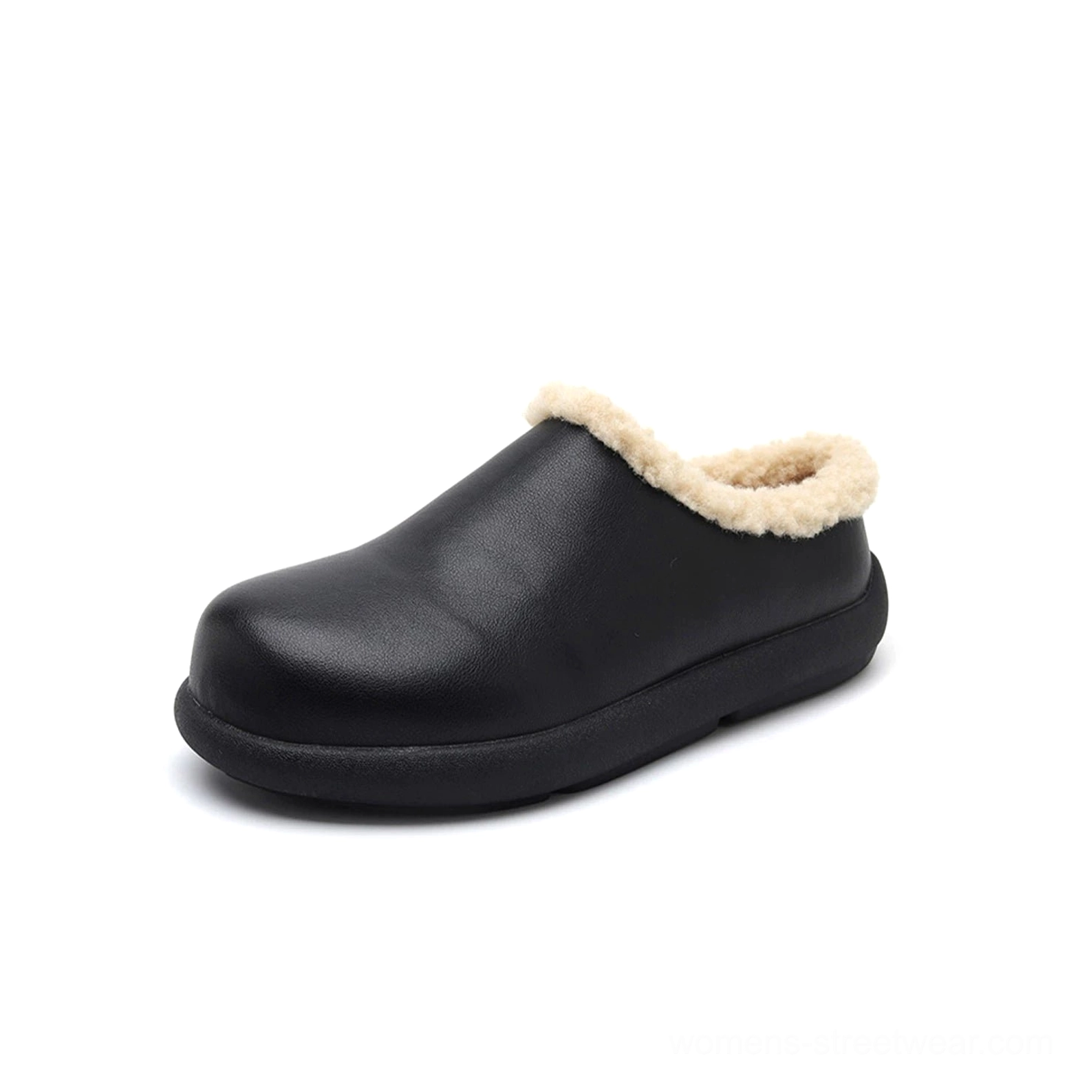 Black fleece-lined mule clogs in men's and women's size options, featuring a warm interior, backless slip-on design, rounded toe, and durable platform rubber sole
