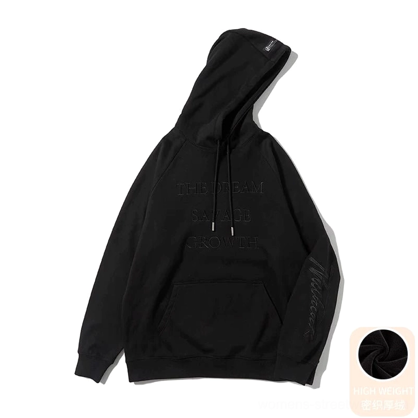 Black fleece lined oversized embossed lettering hoodie with adjustable hood and tonal streetwear graphic design