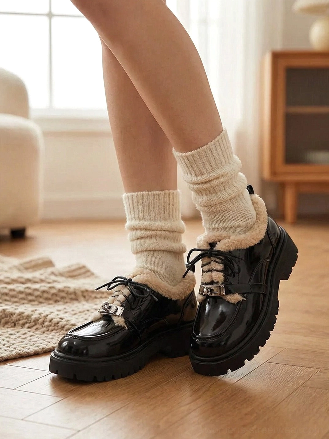 Low-angle view of black fleece-trimmed platform Oxford shoes with chunky lug soles styled in a cozy indoor setting