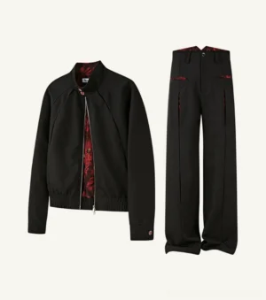 Black floral-lined bomber jacket and wide-leg trousers streetwear co-ord set displayed flat on a white studio background