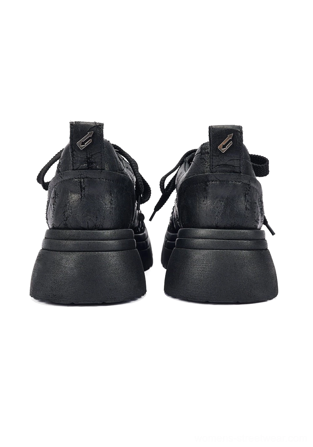 Black floral sequin derby shoes for women with elevated platform sole, rope laces, rounded square toe, and gothic streetwear aesthetic