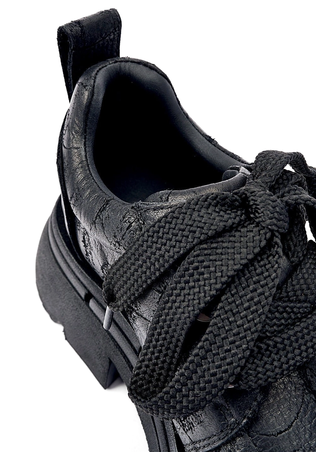 Black floral sequin platform derby shoes with chunky EVA soles and lace-up streetwear design, detailed product view