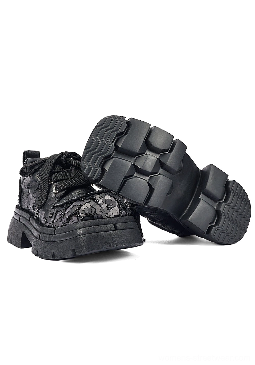 Side profile of black floral sequin platform derby shoes displaying the textured anti-slip outsole, lace-up upper, and elevated EVA platform