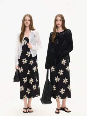 Two styling ideas for a black floral slip midi dress layered with a white cropped shirt and black open knit top for Seoul streetwear