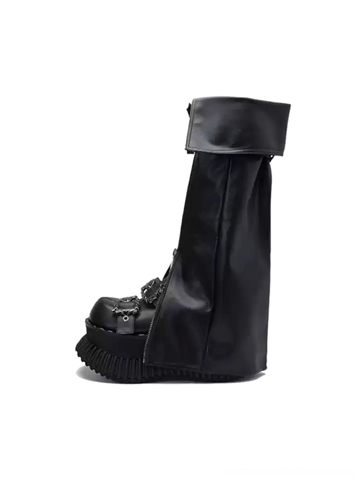 Black foldover buckle platform knee-high boots with matte leather upper, chain toe hardware, and chunky lug sole side view