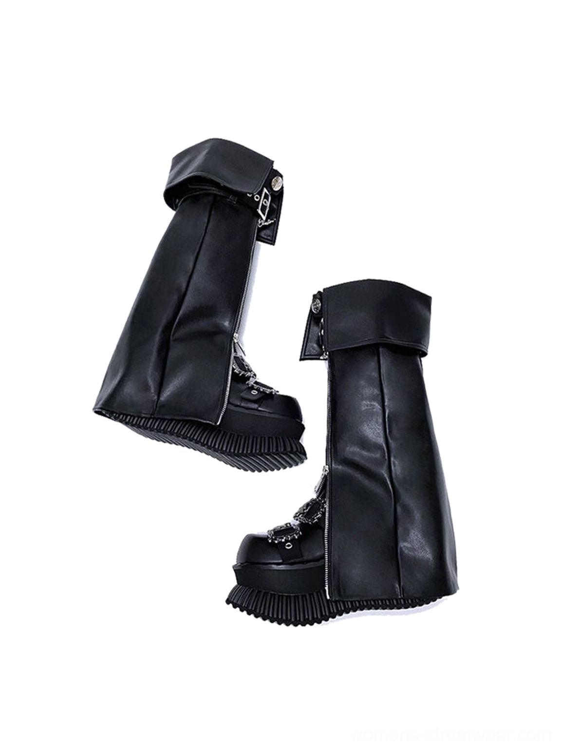 Angled side view of black foldover cuff buckle platform knee-high boots with matte leather and thick tread outsole