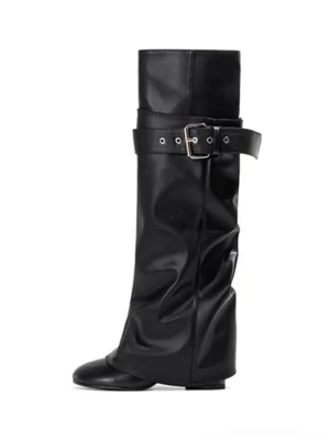 Black foldover knee-high buckle boots with softly draped synthetic leather shaft and silver adjustable strap shown from the side
