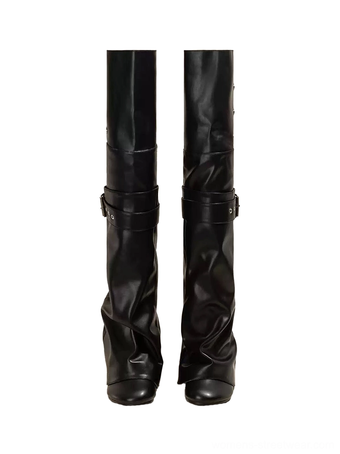 Pair of black foldover over-the-knee slouch boots with rounded toes silver buckles and snap fastener details