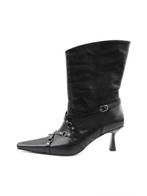 Black full-grain leather pointed toe stiletto ankle boots with silver ring buckle straps side product view