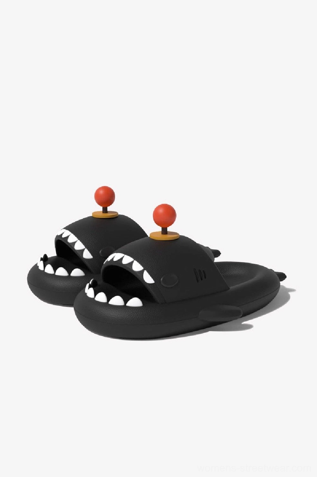 Black shark slide slippers with playful game controller inspired character decoration