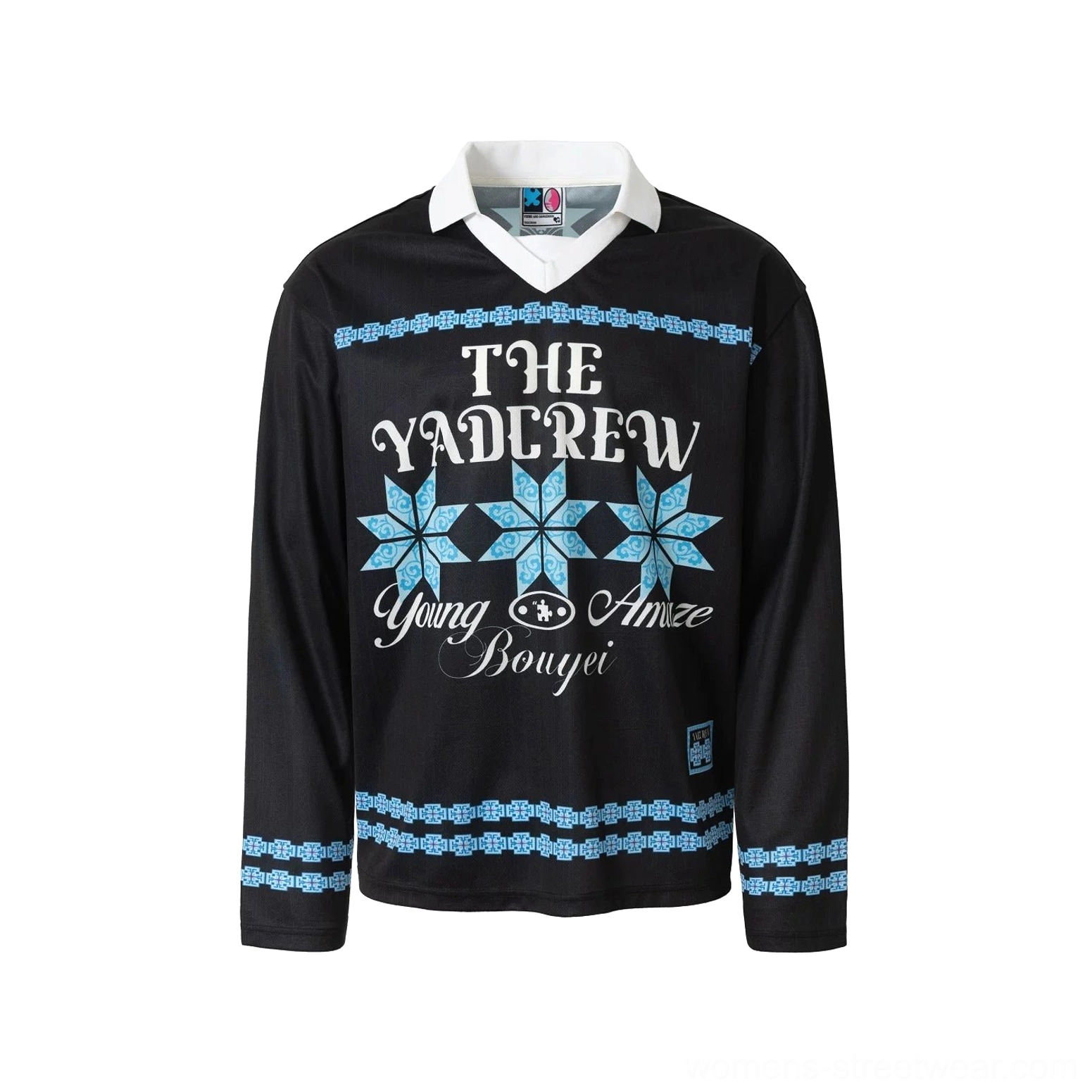Black geometric graphic collared long sleeve streetwear shirt displayed in a flat lay with blue decorative borders, typography, and snowflake motifs