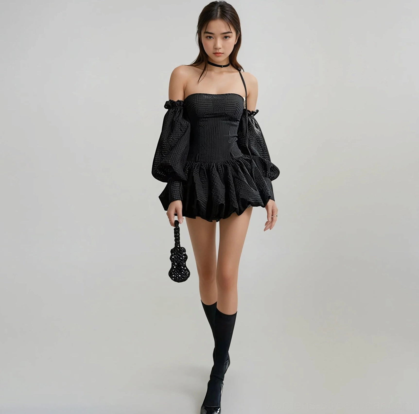Black gingham mini romper dress with corset bodice, puff sleeves, ruffled bubble hem and Korean streetwear accessories