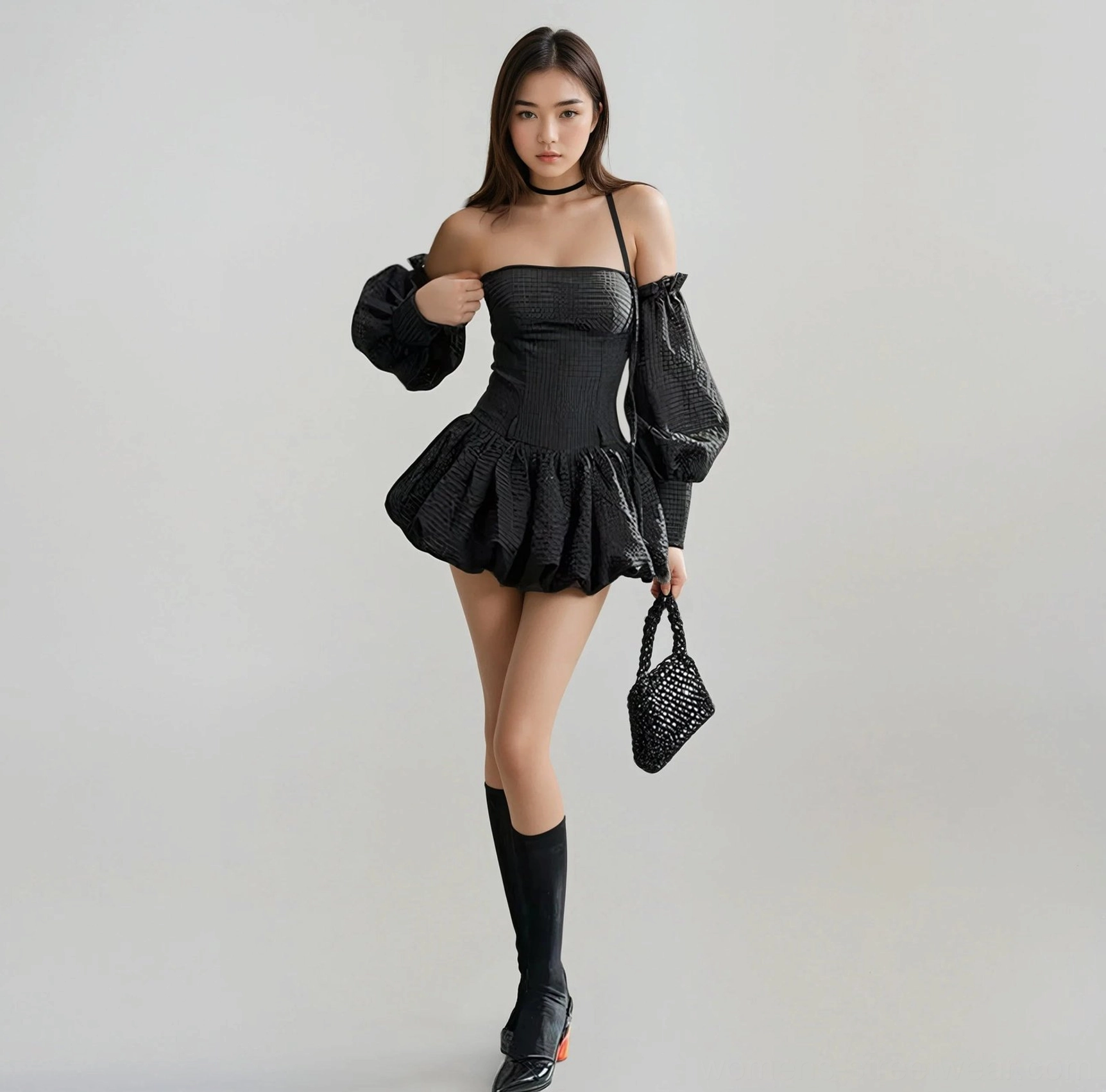 Black gingham off shoulder mini romper dress with lantern sleeves, ruffled bubble hem, knee high socks and loafers