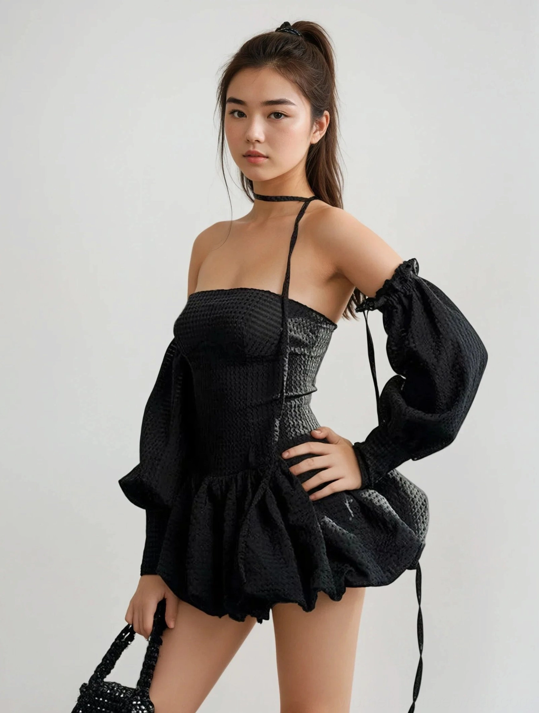 Black gingham off shoulder puff sleeve mini romper dress with halter strap, ruffled bubble hem and woven shoulder bag