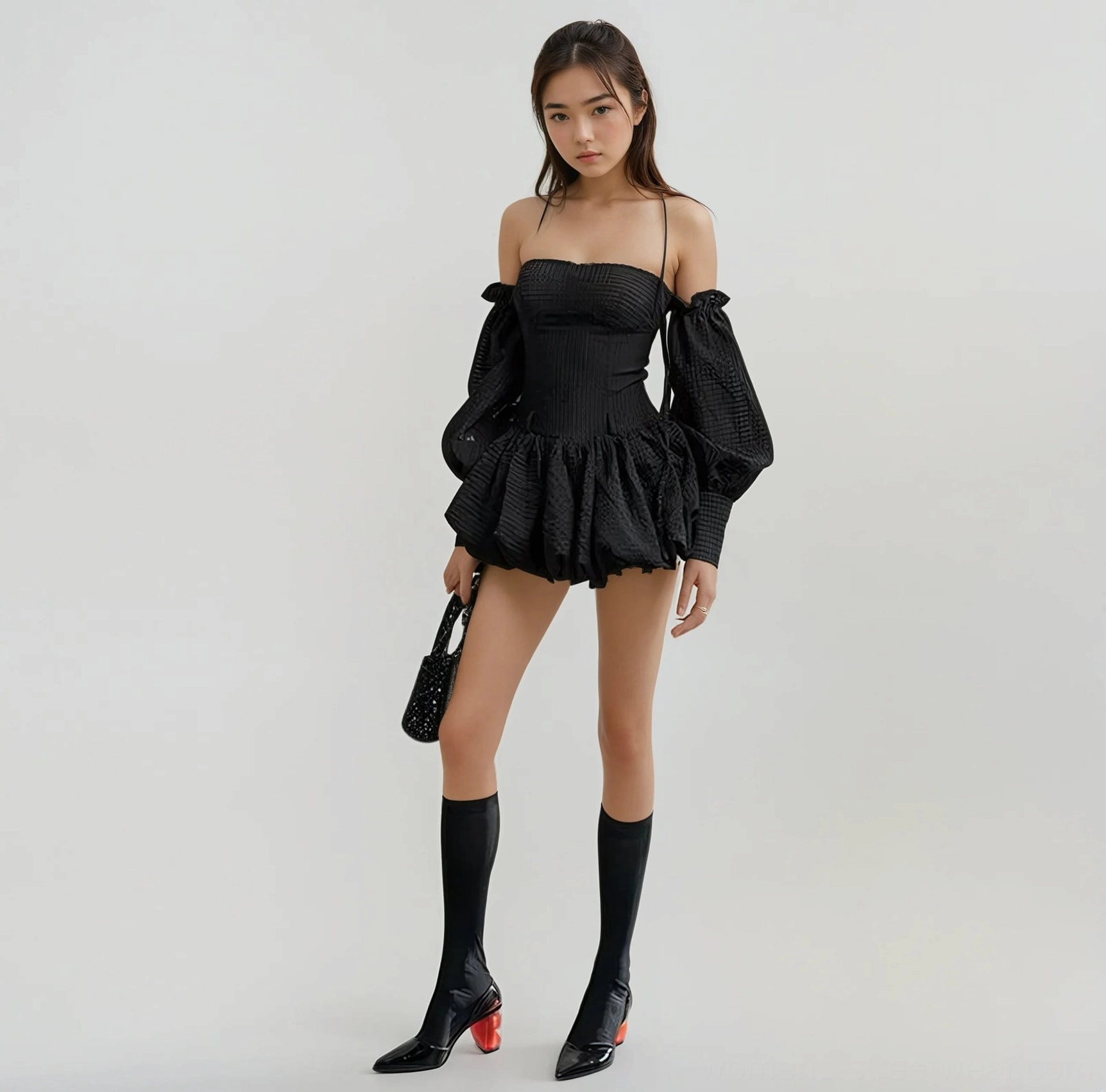 Black gingham off shoulder puff sleeve mini romper dress with choker, woven mini bag, knee high socks and heels