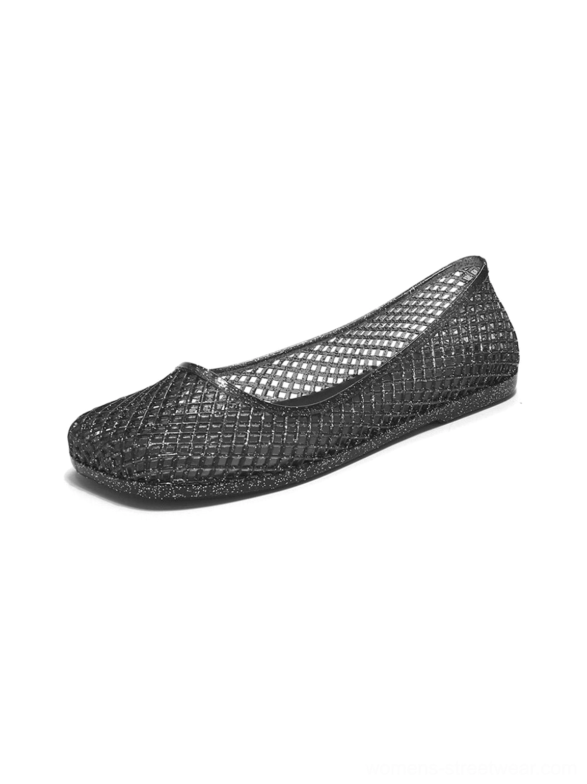 Side view of black glitter mesh jelly ballet flat with dense woven upper and flexible sole