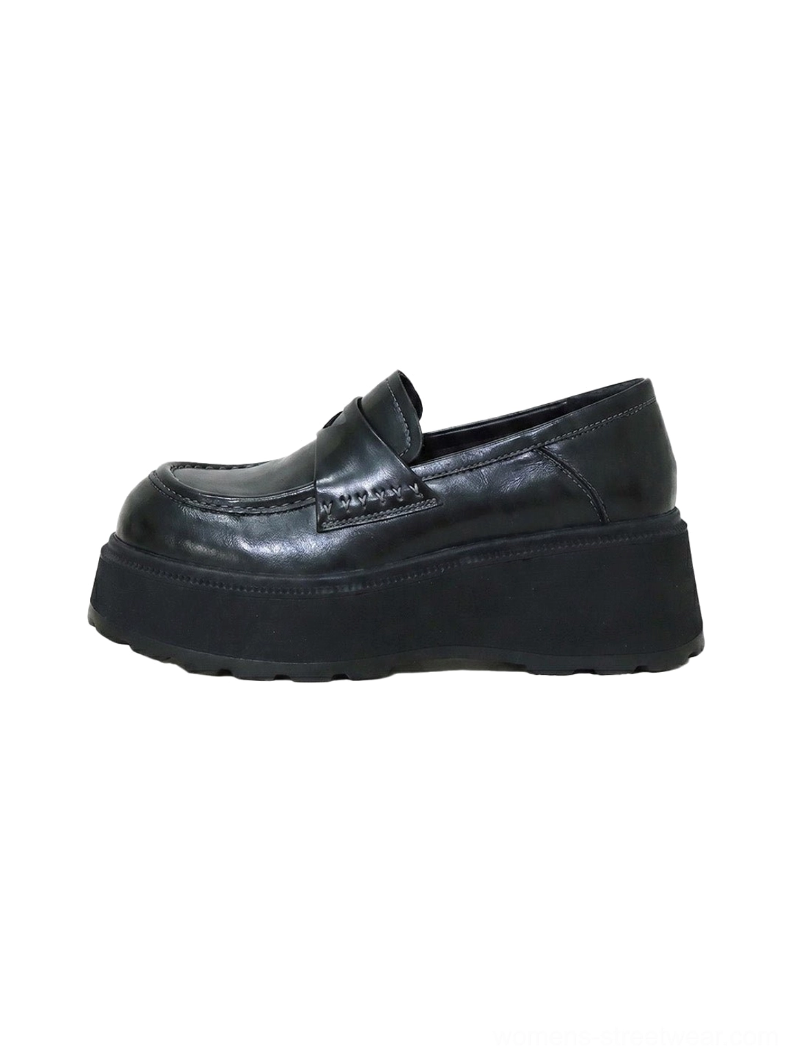 Black glossy rounded-toe chunky platform loafers for women shown in a front close-up with classic slip-on penny-loafer vamp and thick rubber sole