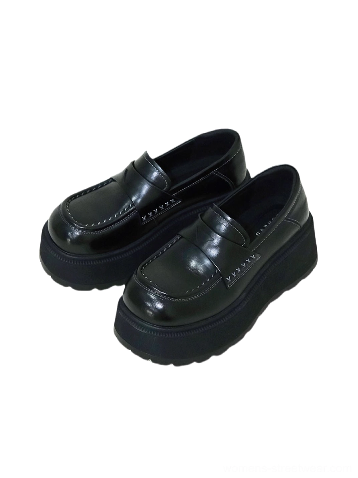 Black glossy rounded-toe chunky platform loafers with penny-loafer vamp and substantial platform sole product detail