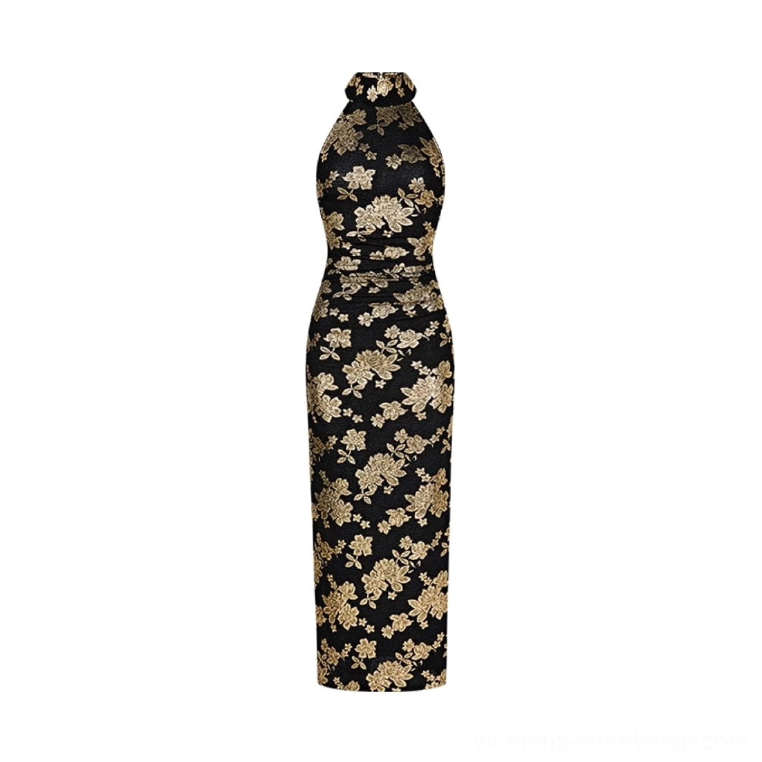 Flat product view of a black and gold floral halter cheongsam maxi dress with open back fitted column silhouette and long hem
