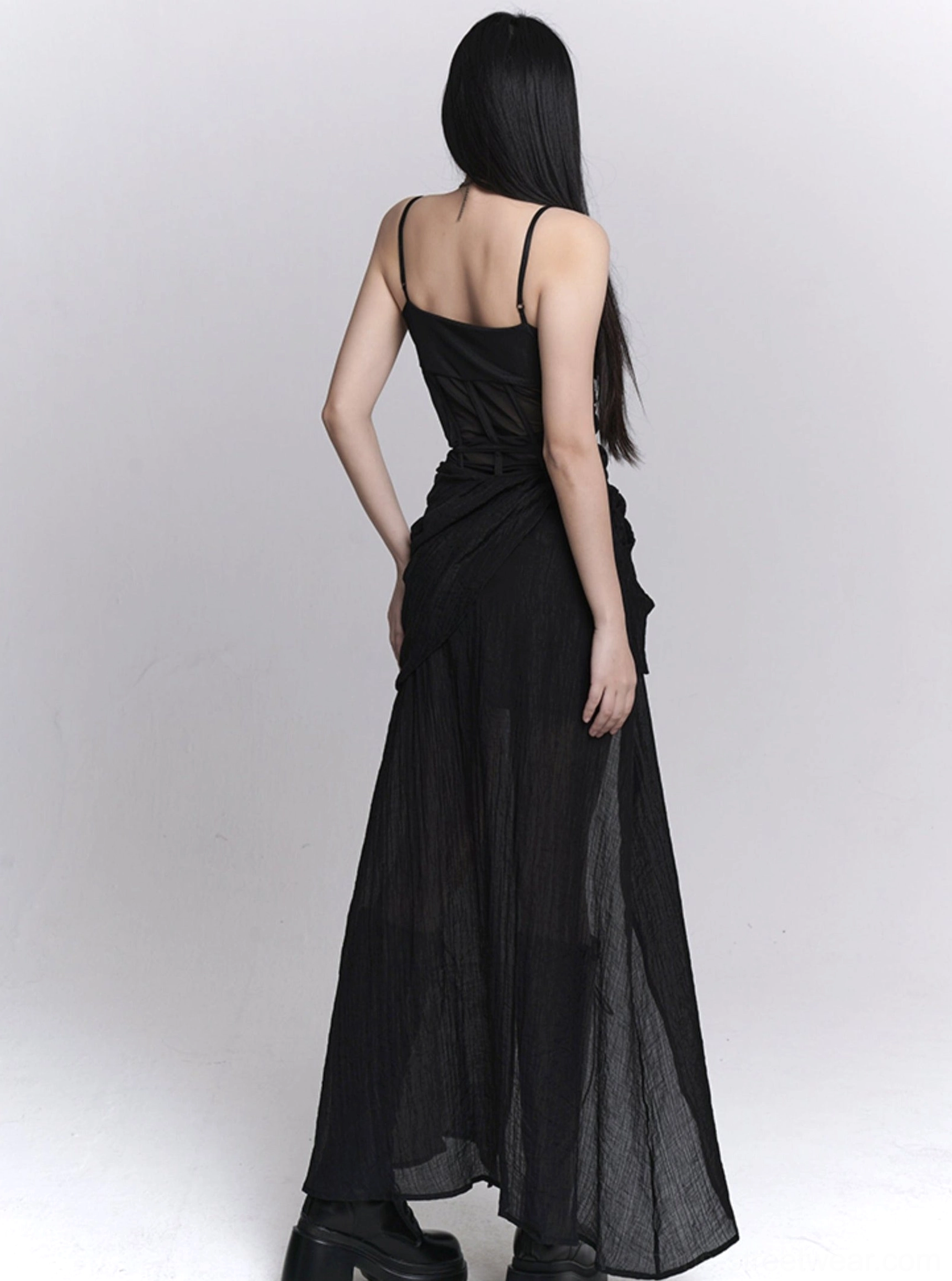 Black gothic asymmetrical sheer corset slip dress product image showcasing its dramatic layered high-low skirt and alternative streetwear silhouette