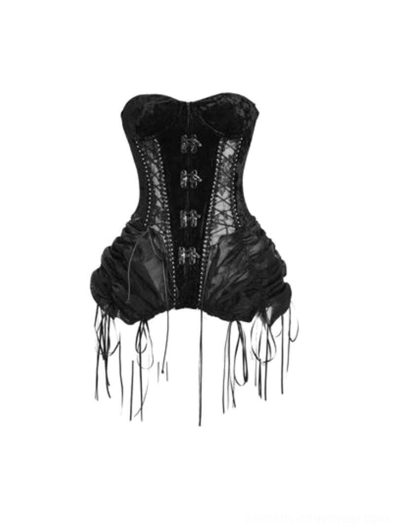 Black gothic birdcage corset only option with structured strapless silhouette and lace-up details