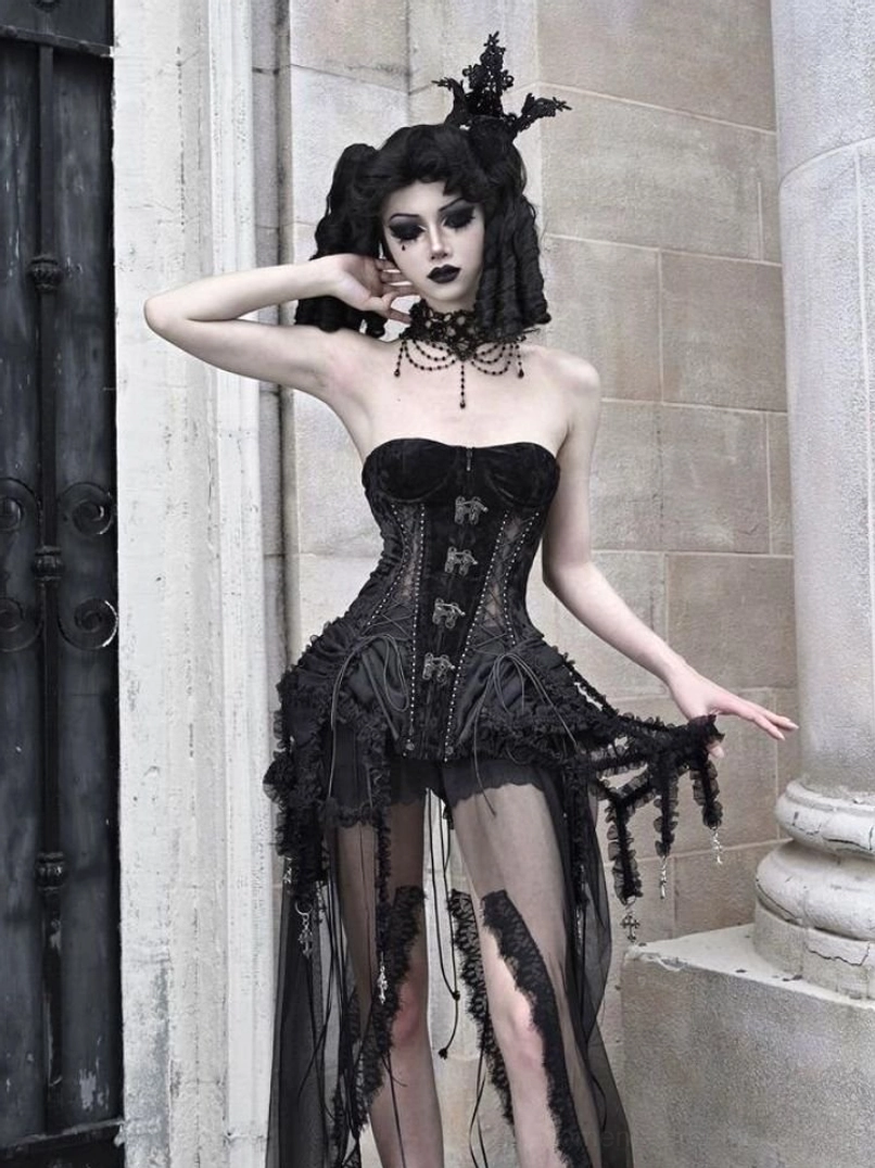 Black gothic birdcage corset set with sculpted silhouette and dark romantic tulle styling product detail