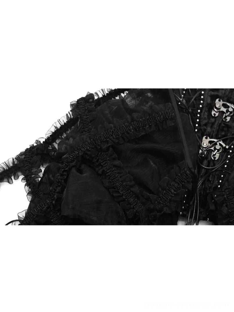 Black gothic birdcage corset set with structured bodice ruffled tulle and alternative fashion styling