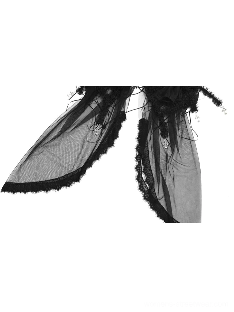 Black gothic birdcage corset three-piece tulle set for alternative streetwear and dark romance styling