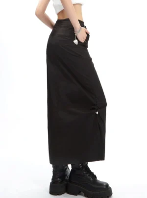 Black gothic cargo maxi skirt side back view showing straight long silhouette pocket and adjustable side drawstring hem