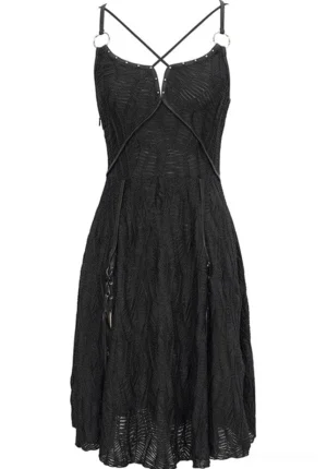 Black gothic crinkle lace harness slip dress flat lay front view showing asymmetric ruffled midi hem and cross back straps