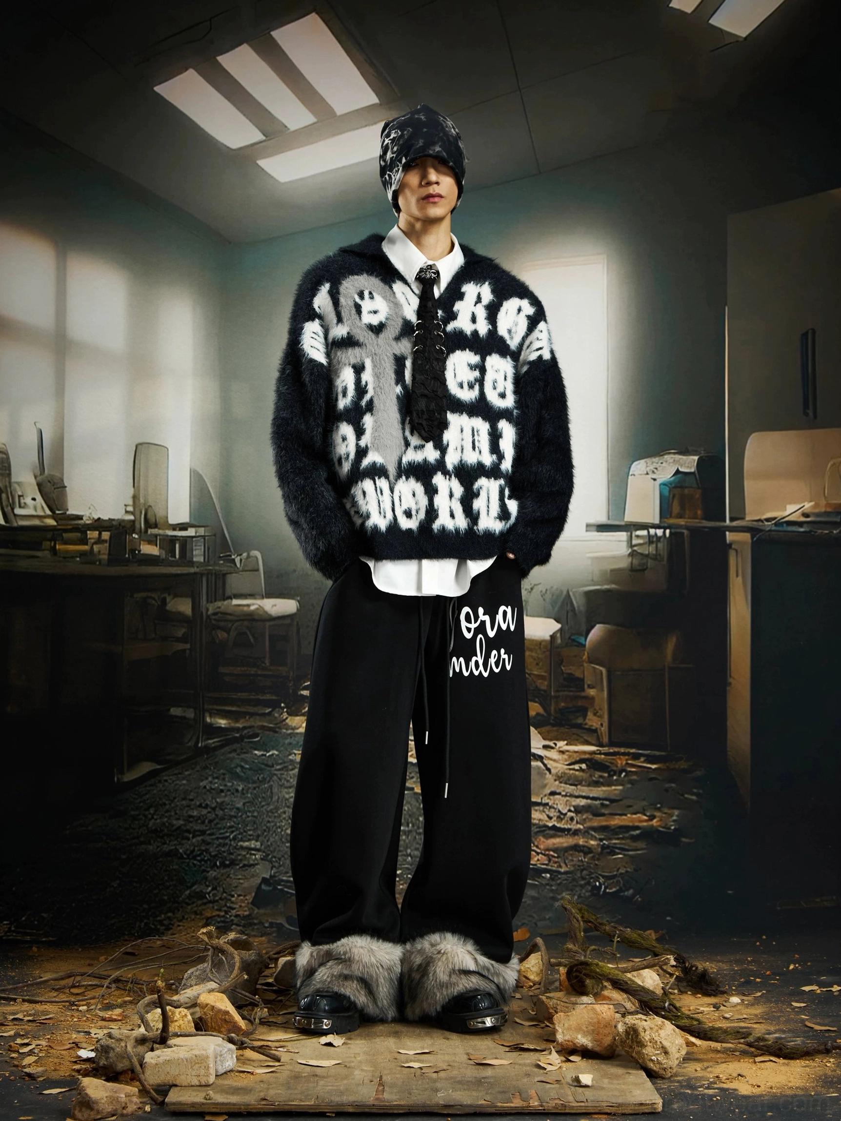 Black fuzzy gothic cross sweater with white lettering styled on a male model with a beanie, white shirt, tie, and wide leg pants