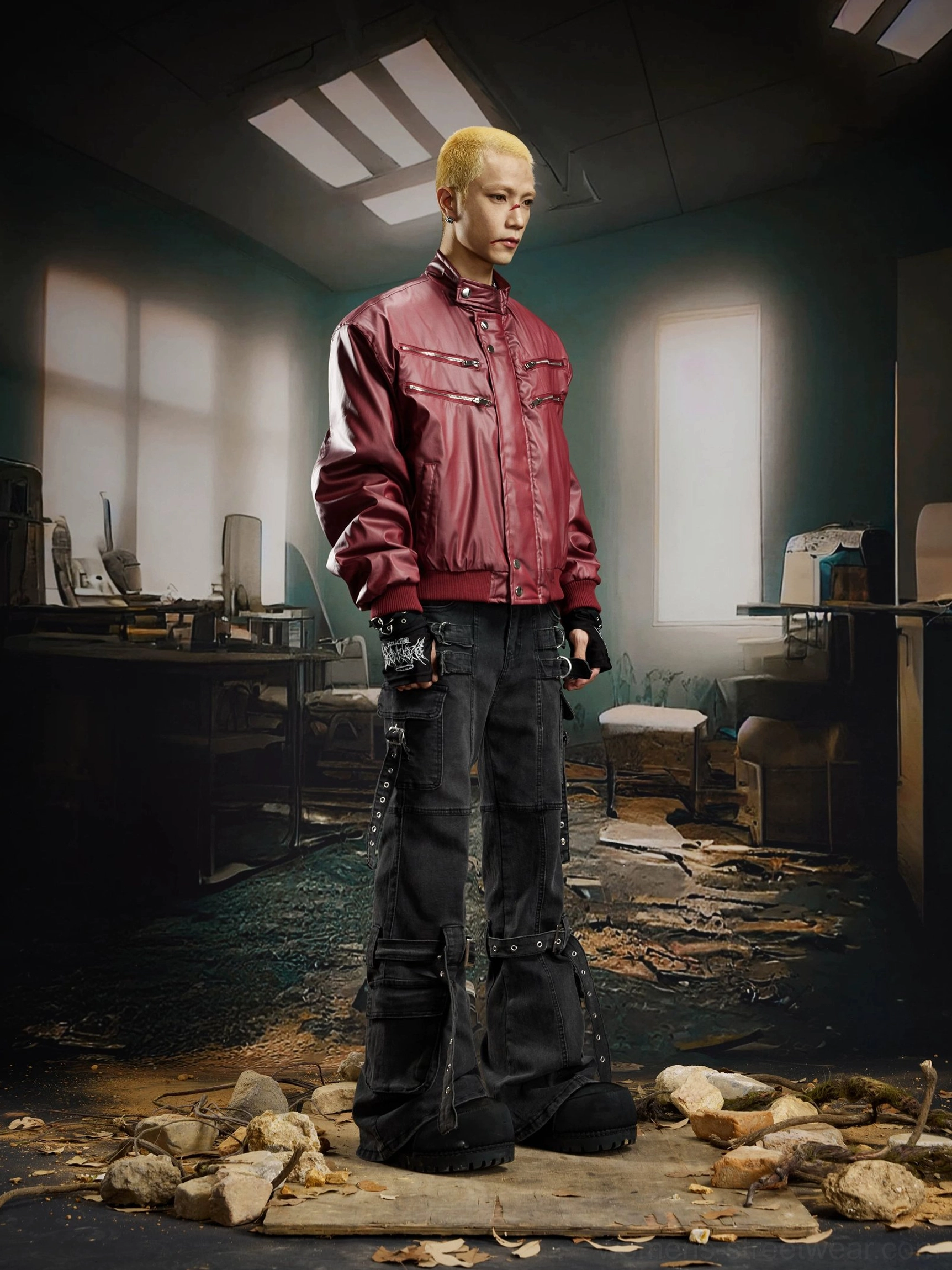 Side full body view of black gothic cargo flare jeans with a fitted waist, dramatic flared legs, and subtle rear harness strap trims