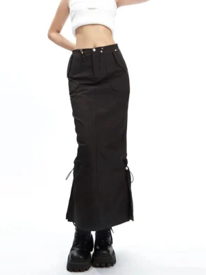Black gothic high-waist cargo maxi skirt front view with patch pockets drawstring split hem and metal waist hardware