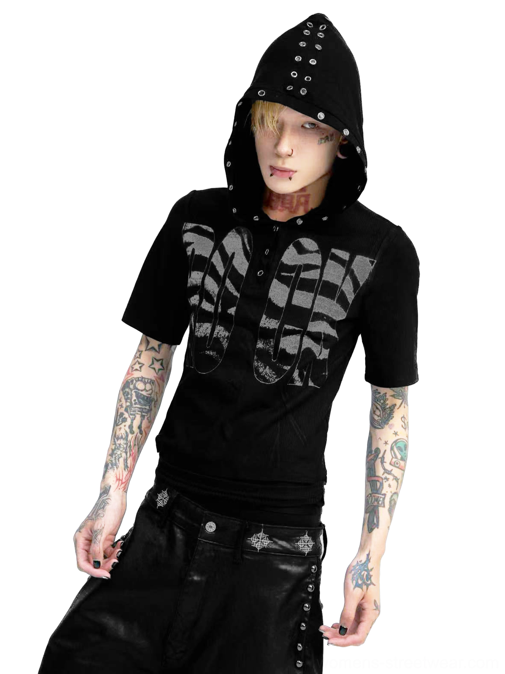 Close-up of black gothic hooded graphic tee showing large silver wing chest print and metal grommet trim