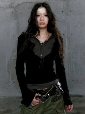 Black gothic hooded Henley long sleeve top with fitted silhouette and tactical cargo pants