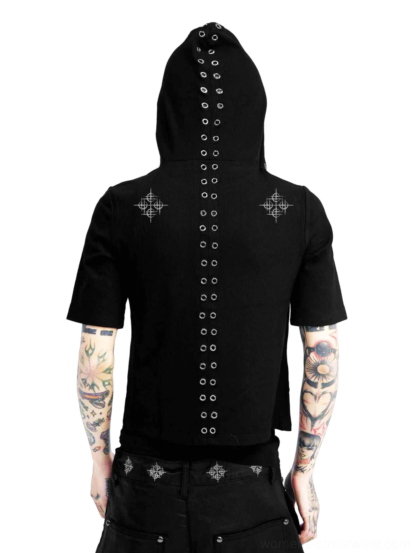 Flat lay back view of black gothic hooded short-sleeve T-shirt with grommet hood trim and cross embroidery