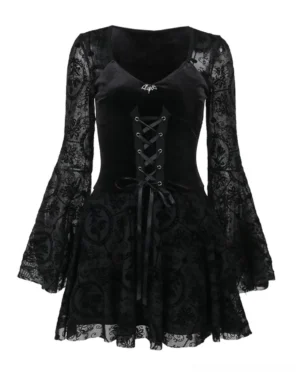 Black gothic velvet mini dress flat lay showing sweetheart neckline, corset-style lace-up bodice, floral lace bell sleeves and ruffled hem