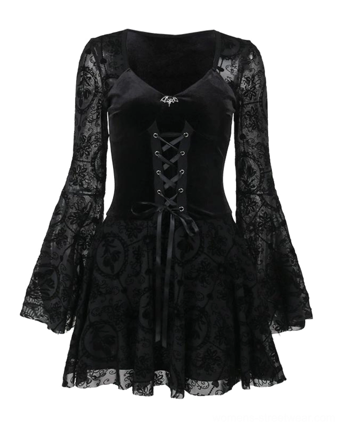 Black gothic velvet mini dress flat lay showing sweetheart neckline, corset-style lace-up bodice, floral lace bell sleeves and ruffled hem