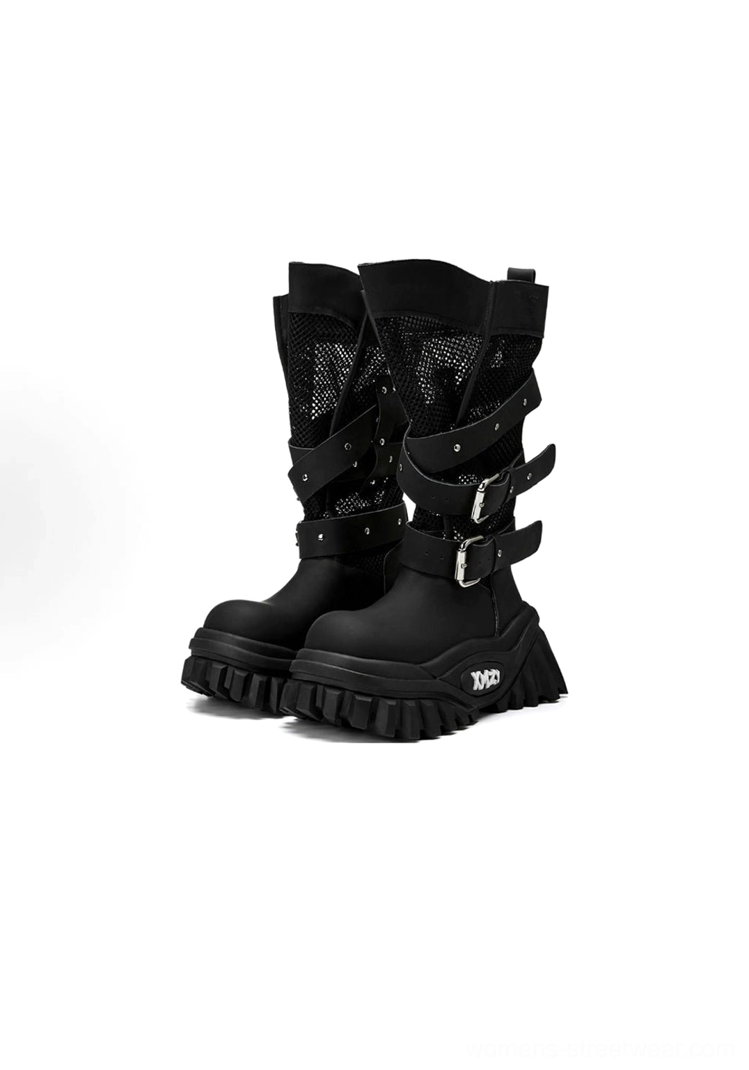 Pair of black gothic mid-calf platform combat boots with breathable mesh panels dual adjustable buckle straps matte toe caps and chunky lug outsoles on a white studio background