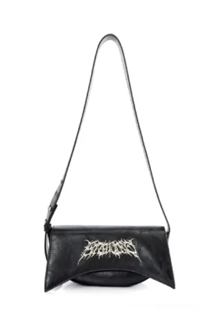 Black gothic PU leather shoulder bag front view with silver thorn metal logo and adjustable strap on white background
