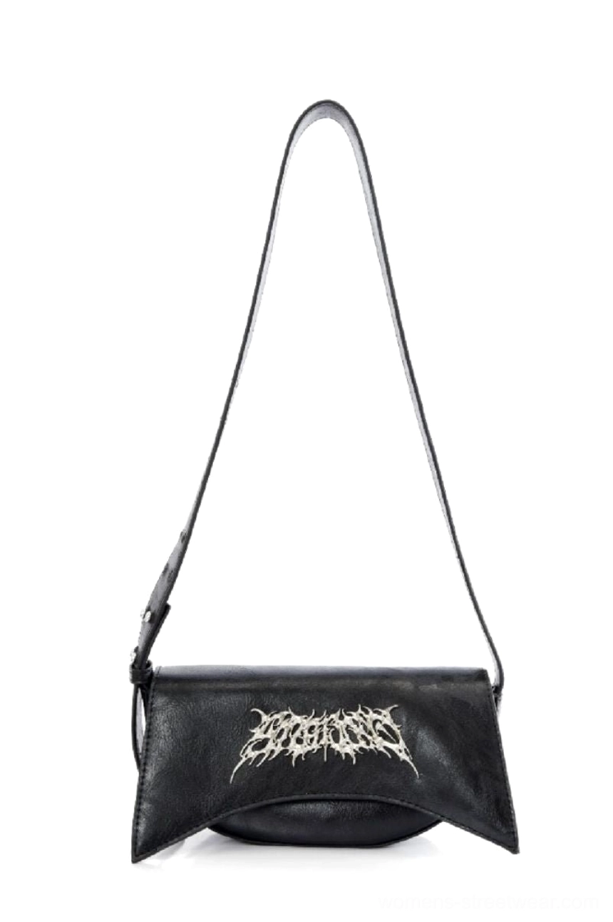 Black gothic PU leather shoulder bag front view with silver thorn metal logo and adjustable strap on white background