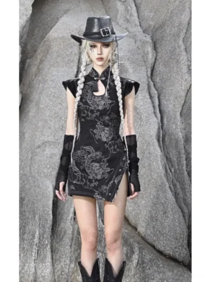 Full body view of black embroidered qipao mini dress with silver floral details, fitted bodycon shape, high side slit, cowboy hat, gloves, and western boots