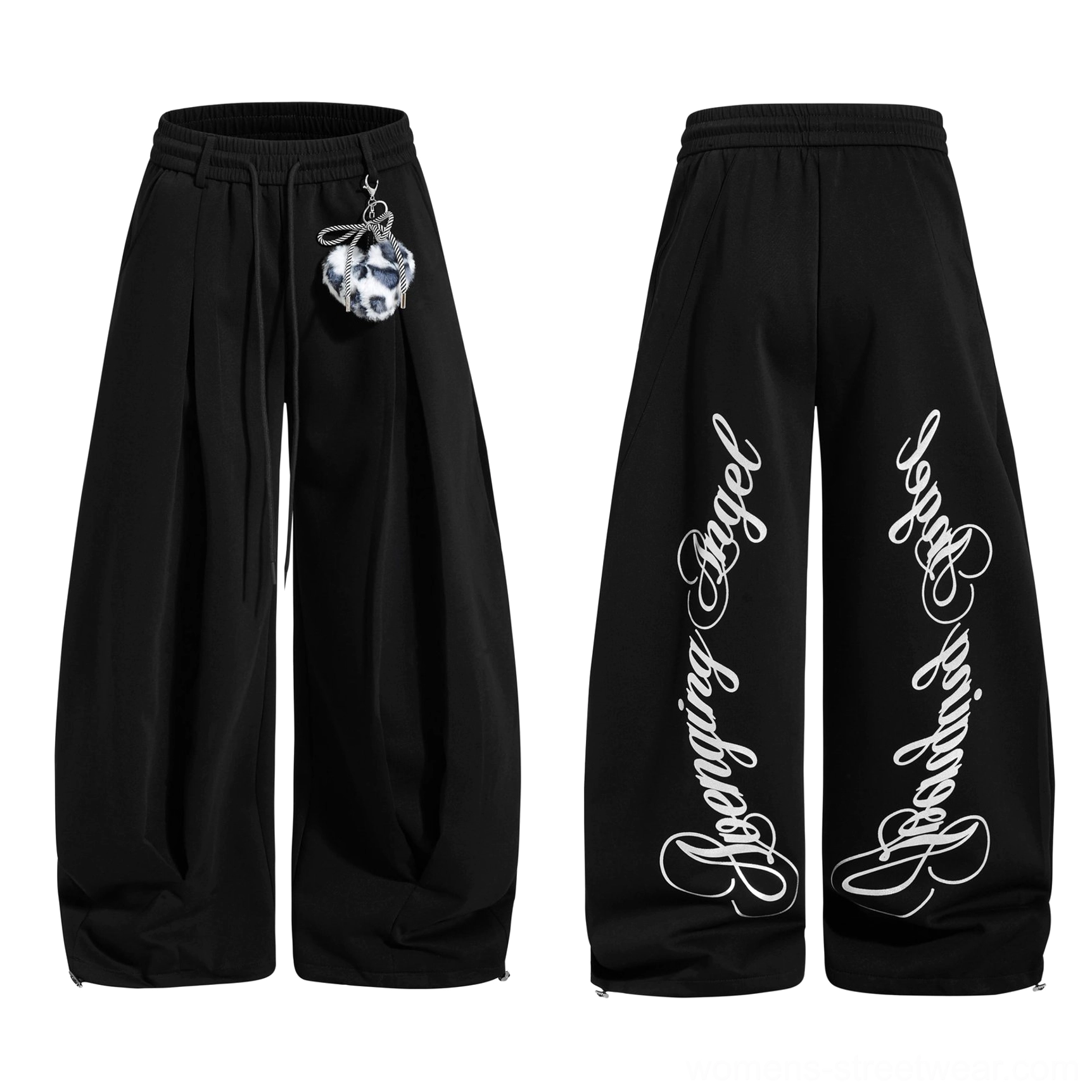 Black gothic script wide-leg streetwear sweatpants product view with relaxed oversized silhouette and adjustable hems