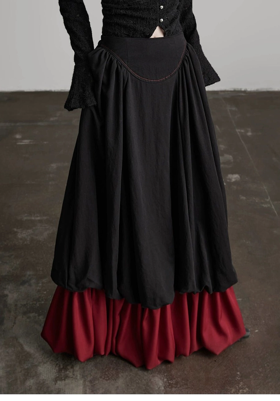 Black gothic streetwear A-line maxi skirt with wine red ruffle and flowing drape