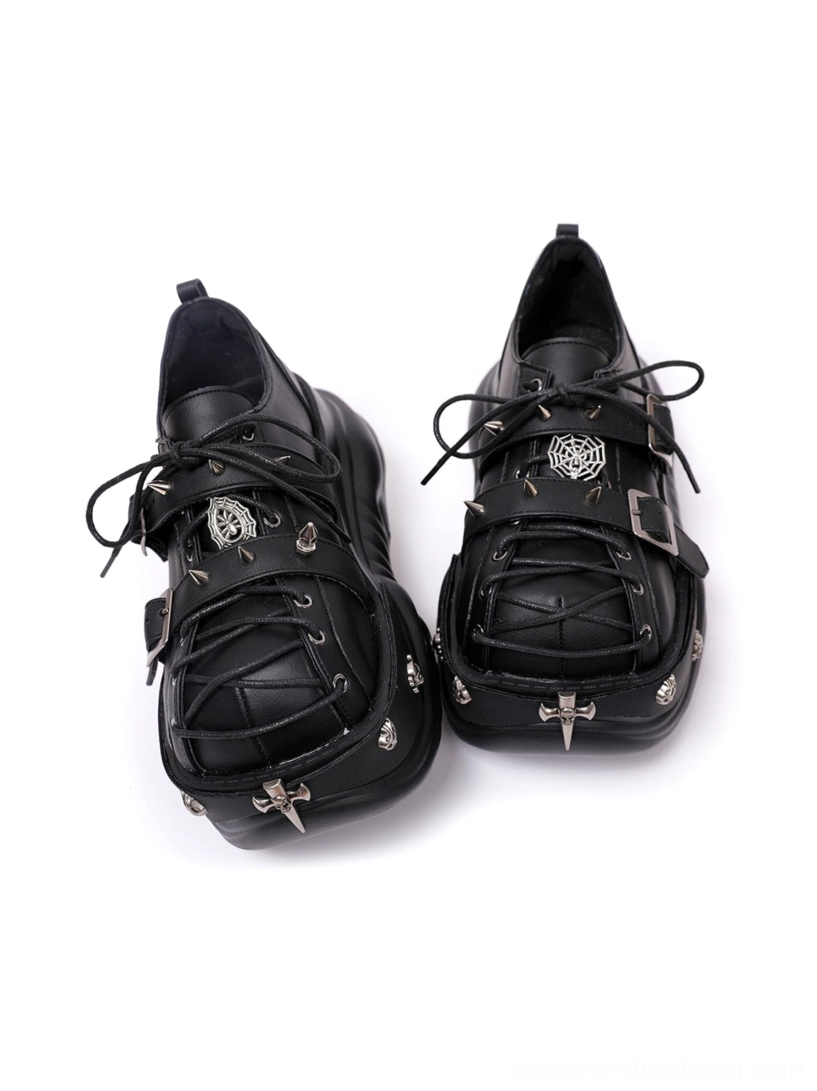 Black gothic streetwear platform sneakers with caged strap upper, decorative metal accents, cross toe details, and oversized lug outsole