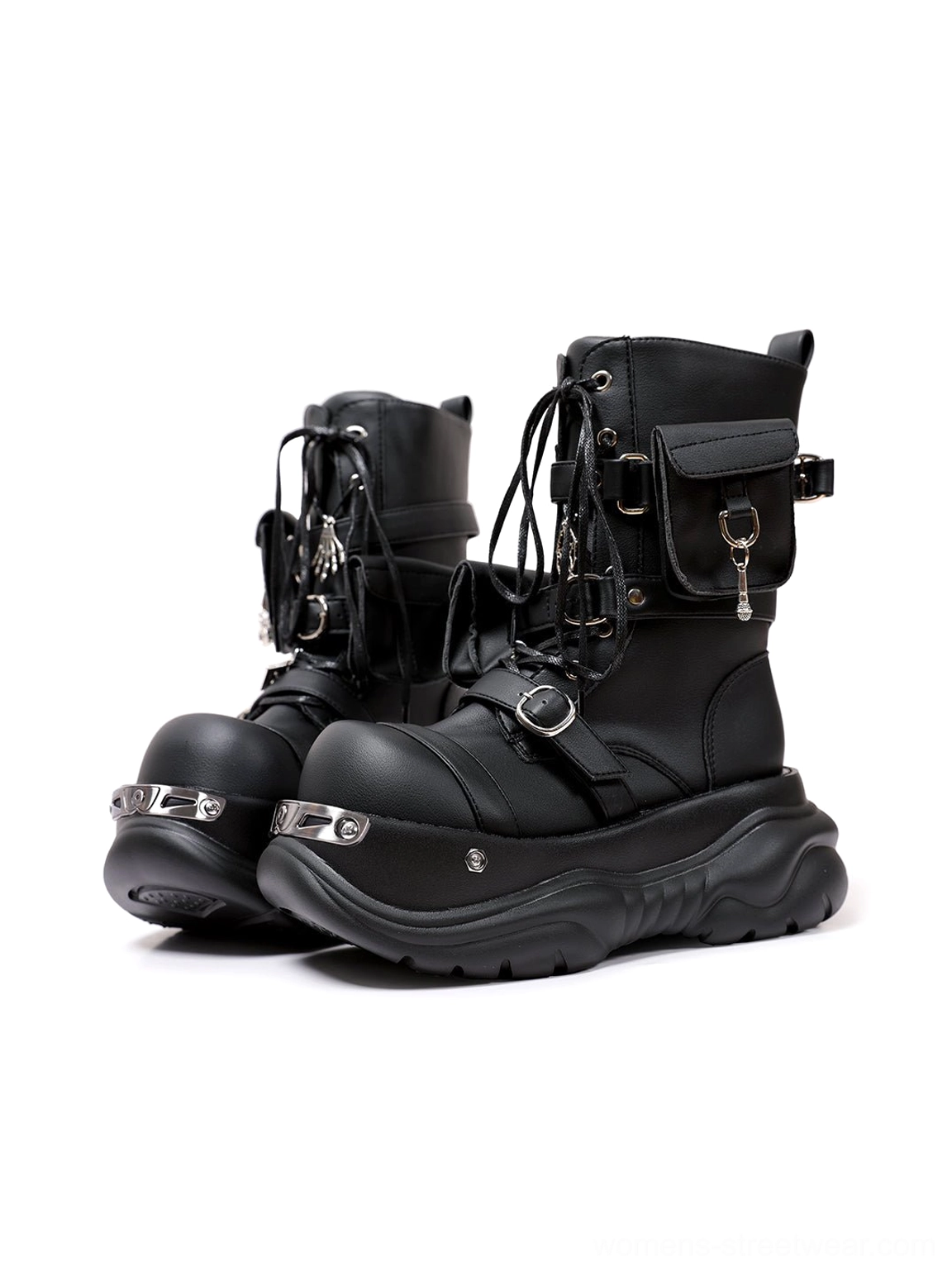 Black gothic utility pouch chunky platform combat boots close-up product view with lace-up design, metallic accents, and heavy tread platform outsole